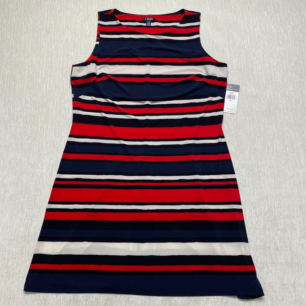 Chaps A-Line Dress Womens XL Navy Red Striped Jersey Round Neck Sleeveless New